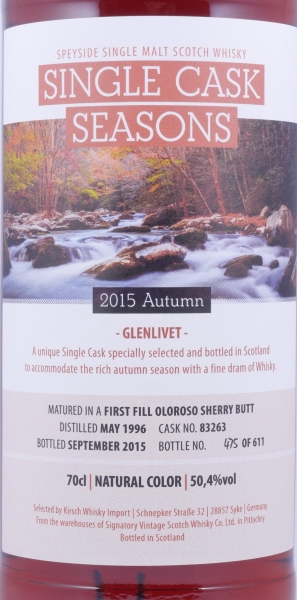 Glenlivet 1996 19 Years Oloroso Sherry Butt Cask No. 83263 Seasons Autumn 2015 Speyside Single Malt Scotch Whisky 50.4%
