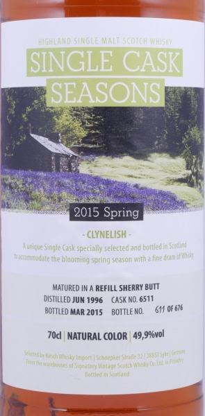 Clynelish 1996 18 Years Refill Sherry Butt Cask No. 6511 Single Cask Seasons Spring 2015 Highland Single Malt Scotch Whisky 49.9%