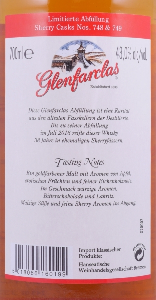 Glenfarclas 1978 38 Years Premium Sherry Casks No. 748 & 749 Highland Single Malt Scotch Whisky 43,0%