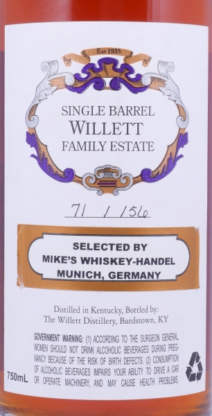 Willett Vintage 2001 9 Years Single Barrel No. 1545 Purple Wax Sealed Family Estate Rare Release Kentucky Straight Bourbon Whiskey 61,4%