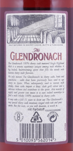 Glendronach 15 Years Old Bottling 100% Matured in Sherry Casks Highland Single Malt Scotch Whisky 40.0%