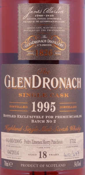 Glendronach 1995 18 Years Pedro Ximenez Sherry Puncheon Cask No. 1732 Highland Single Malt Scotch Whisky Cask Strength 54.6%