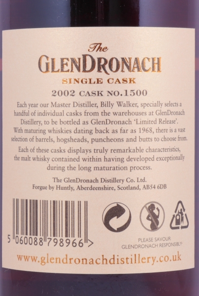 Glendronach 2002 12 Years PX Sherry Puncheon Single Cask No. 1500 Highland Single Malt Scotch Whisky Cask Strength 56,7%