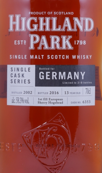 Highland Park 2002 13 Years 1st Fill Sherry Hogshead Cask No. 6353 Orkney Islands Single Malt Scotch Whisky 58.3%