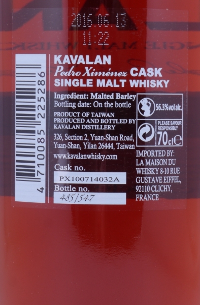 Kavalan Solist 2010 5 Years Pedro Ximenez Sherry Cask No. PX100714032A Taiwan Single Malt Whisky 56.3%