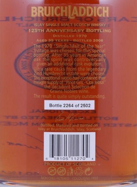 Bruichladdich 1970 35 Years Bourbon Casks / Zind Humbrecht Pinot Gris Cask Finish 125th Anniversary Islay Single Malt Scotch Whisky 40,1%