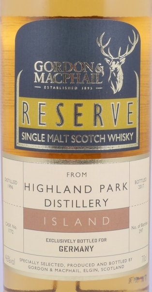 Highland Park 1996 21 Years Refill American Hogshead Cask No. 1772 Gordon und MacPhail Reserve Orkney Islands Single Malt Scotch Whisky 46,0%