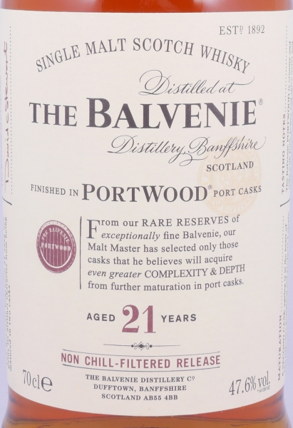 Balvenie 21 Years Port Wood Non-Chill Filtered Limited Edition Highland Single Malt Scotch Whisky 47.6%