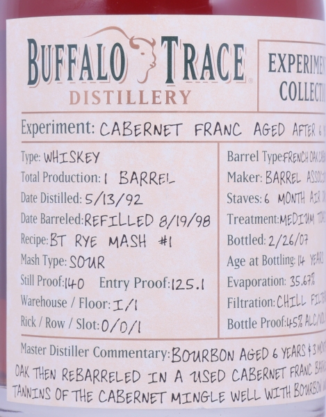 Buffalo Trace 1992 14 Years Cabernet Franc French Oak Barrel 4. Release Experimental Collection 2008 Bourbon Whiskey 45.0%