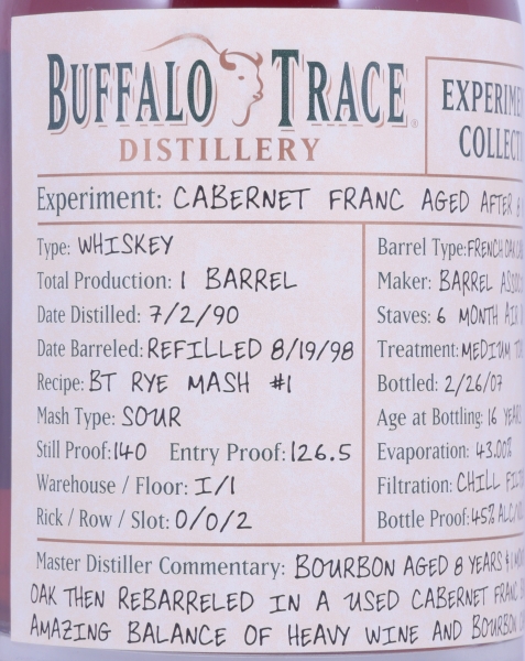 Buffalo Trace 1990 16 Years Cabernet Franc French Oak Barrel 4. Release Experimental Collection 2008 Bourbon Whiskey 45,0%