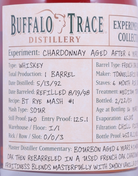 Buffalo Trace 1992 14 Years Chardonnay French Oak Bourbon Whiskey 2nd Release 2007 Experimental Collection 45.0%