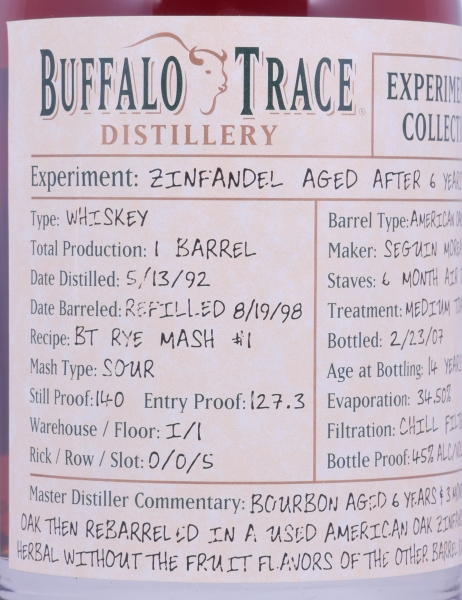 Buffalo Trace 1992 14 Years American Oak Zinfandel Barrel 3. Release Experimental Collection 2007 Bourbon Whiskey 45,0%