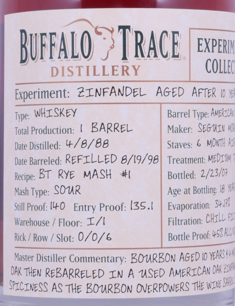 Buffalo Trace 1988 18 Years American Oak Zinfandel Barrel 3. Release Experimental Collection 2007 Bourbon Whiskey 45,0%