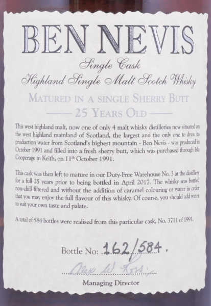 Ben Nevis 1991 25 Years Fresh Sherry Butt Cask No. 3711 Highland Single Malt Scotch Whisky Cask Strength 61,3%