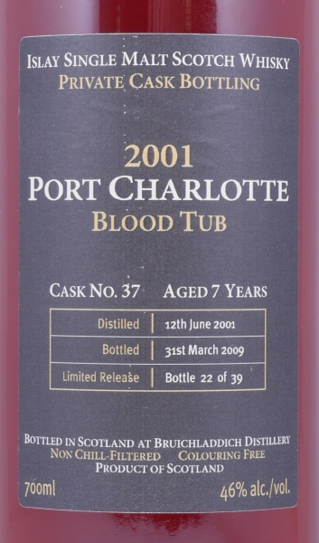 Bruichladdich 2001 7 Years Port Charlotte Blood Tub Cask No. 37 Private Cask Limited Release Islay Single Malt Scotch Whisky 46.0%