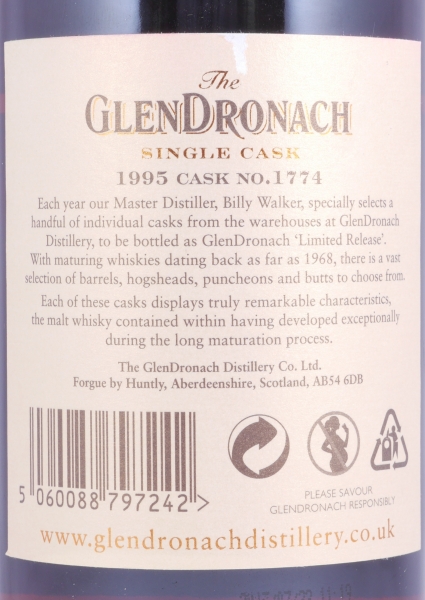 Glendronach 1995 18 Years Oloroso Sherry Puncheon Cask No. 1774 Highland Single Malt Scotch Whisky 54.8%