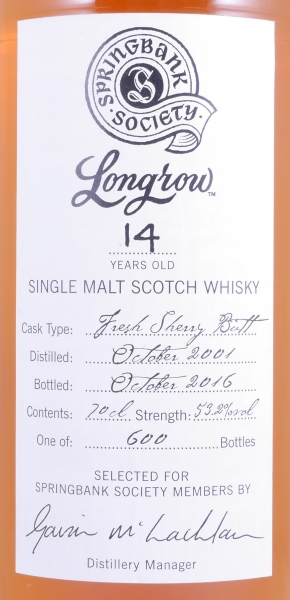 Longrow 2001 14 Years Fresh Sherry Butt Springbank Society Campbeltown Single Malt Scotch Whisky Cask Strength 53.2%