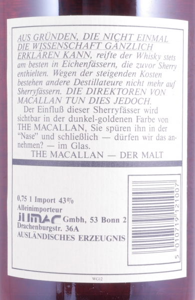 Macallan 12 Years Sherry Wood Highland Single Malt Scotch Whisky 43,0% old Bottling für JUMAC GmbH Bonn